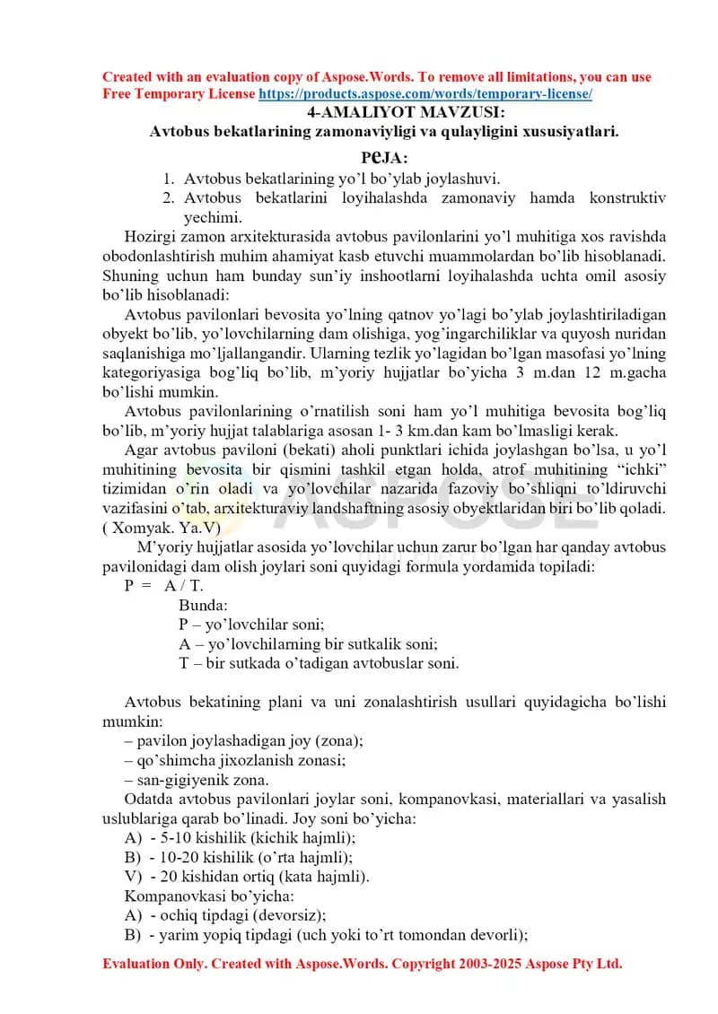 Avtobus bekatlari pavilonlarini loyihalash bo‘yicha amaliy ish