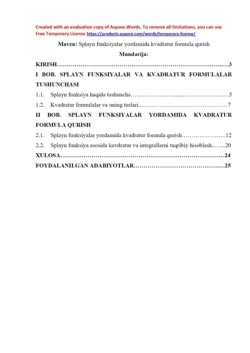 Splayn funksiyalar yordamida kvadratur formula qurish