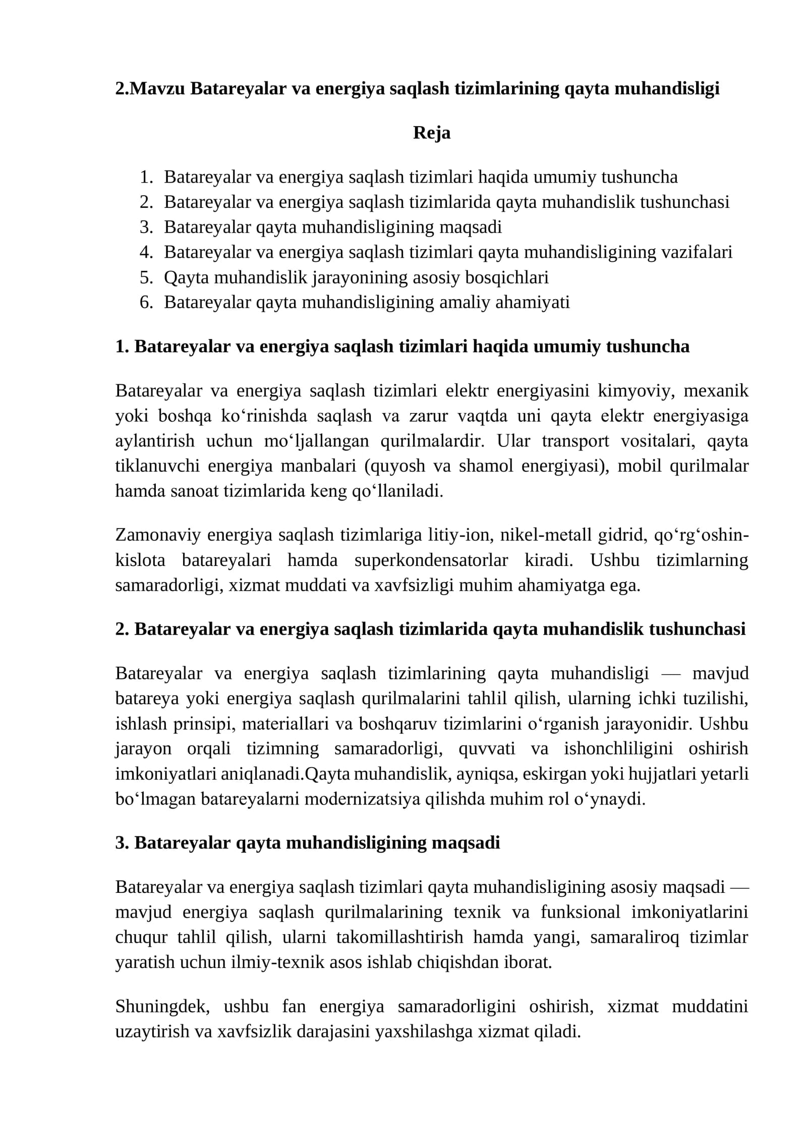 Batareyalar va energiya saqlash tizimlarining qayta muhandisligi