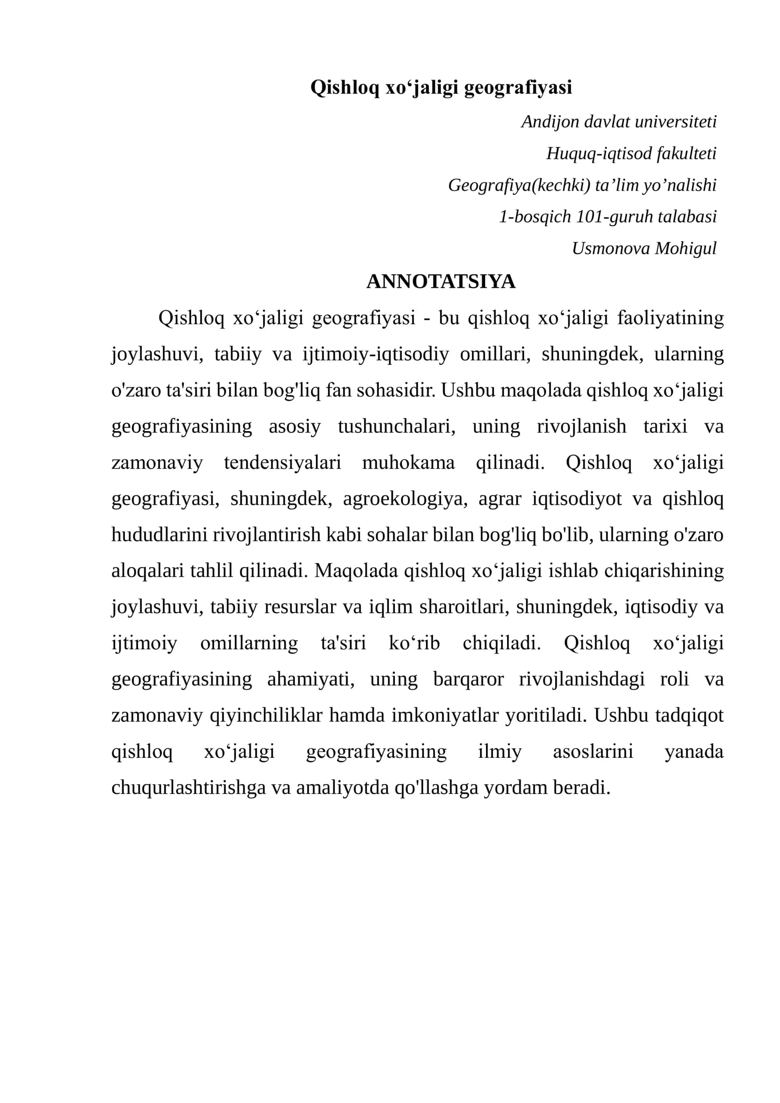 Qishloq xoʻjaligi geografiyasi