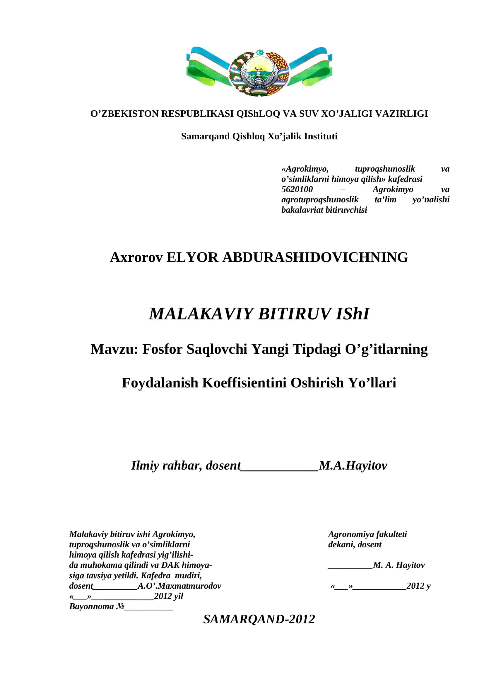 Fosfor Saqlovchi Yangi Tipdagi O’g’itlarning Foydalanish Koeffisientini Oshirish Yo’llari