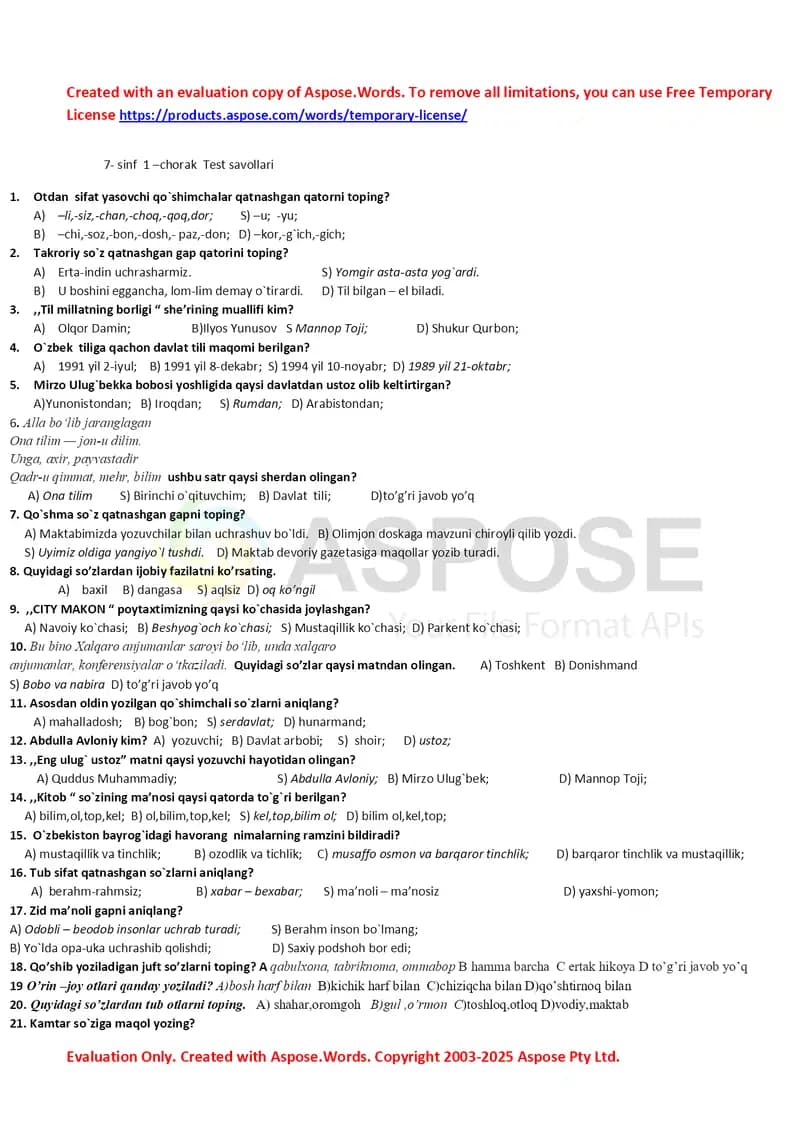 7-sinf 1-2-3-4-chorak test