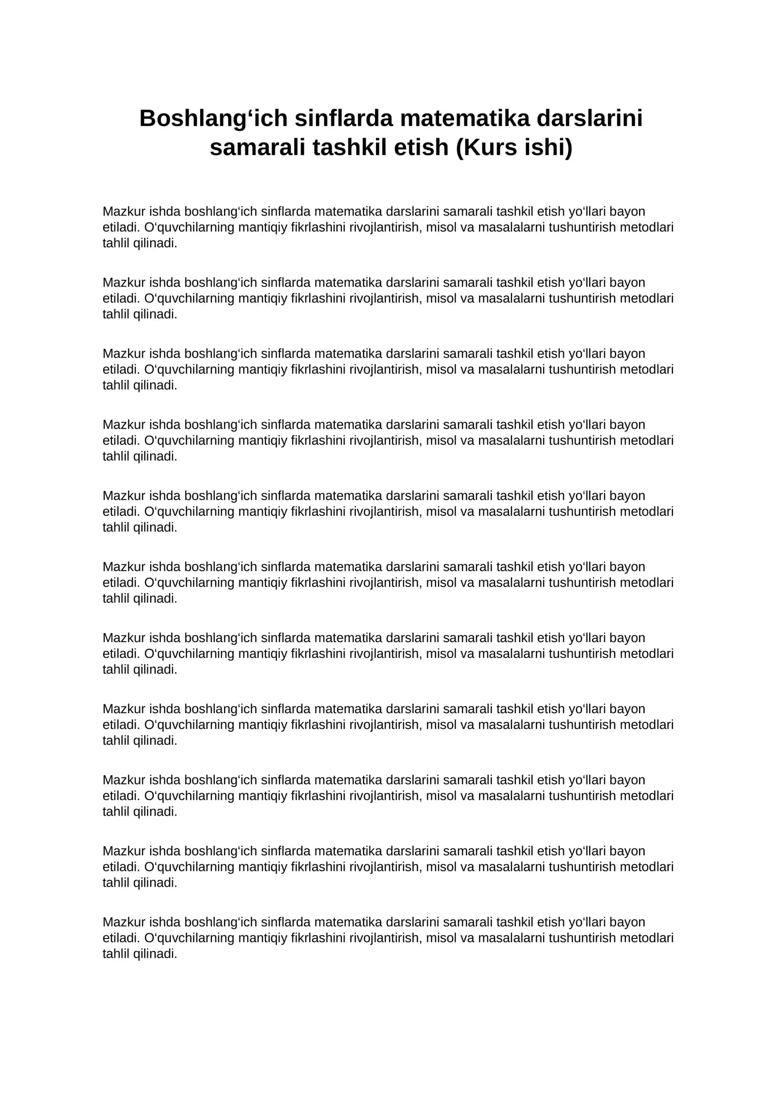 Boshlang‘ich sinflarda matematika darslarini samarali tashkil etish (Kurs ishi PDF)