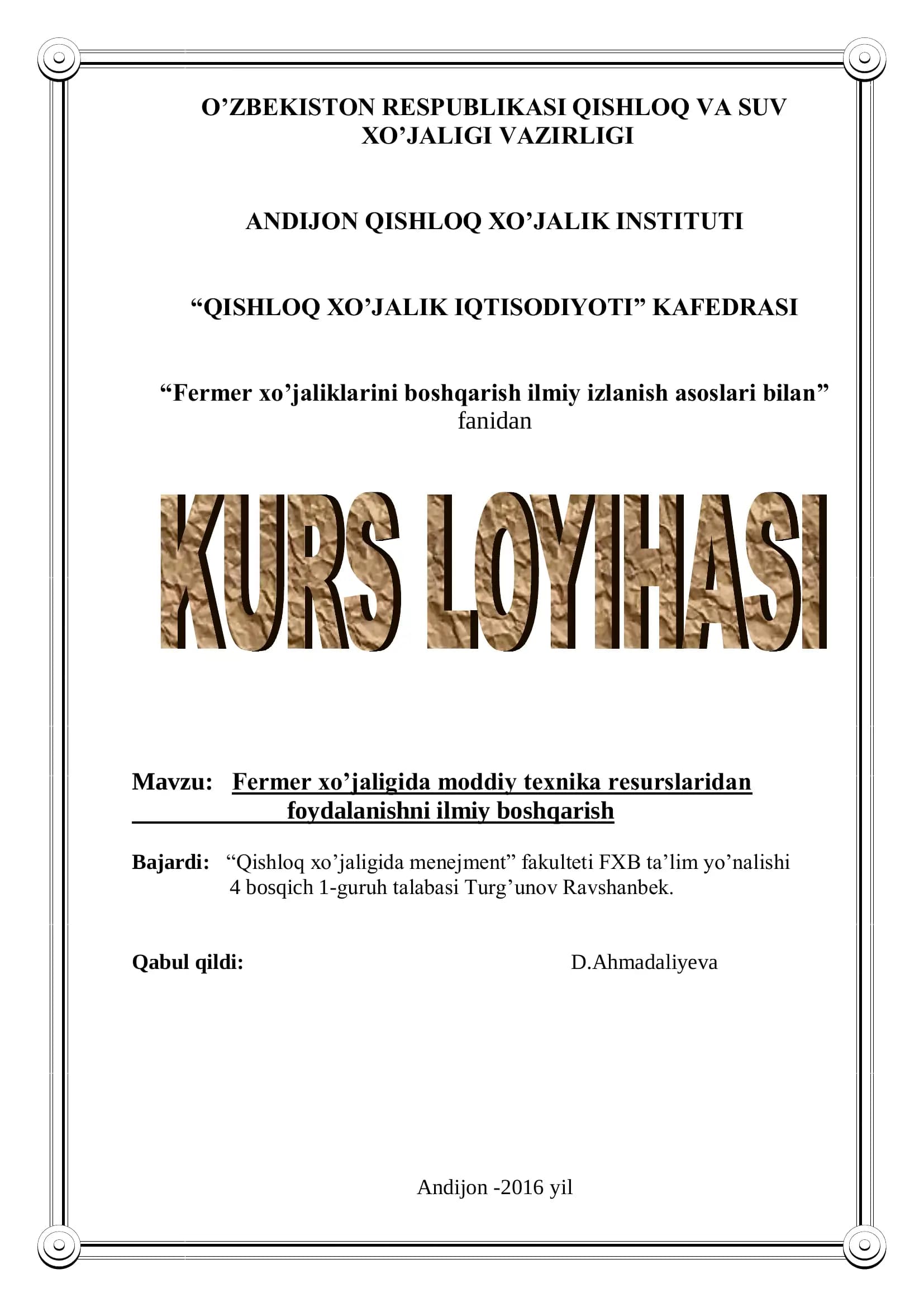 Fermer xo’jaliklari boshqarish ilmiy izlanish asoslari