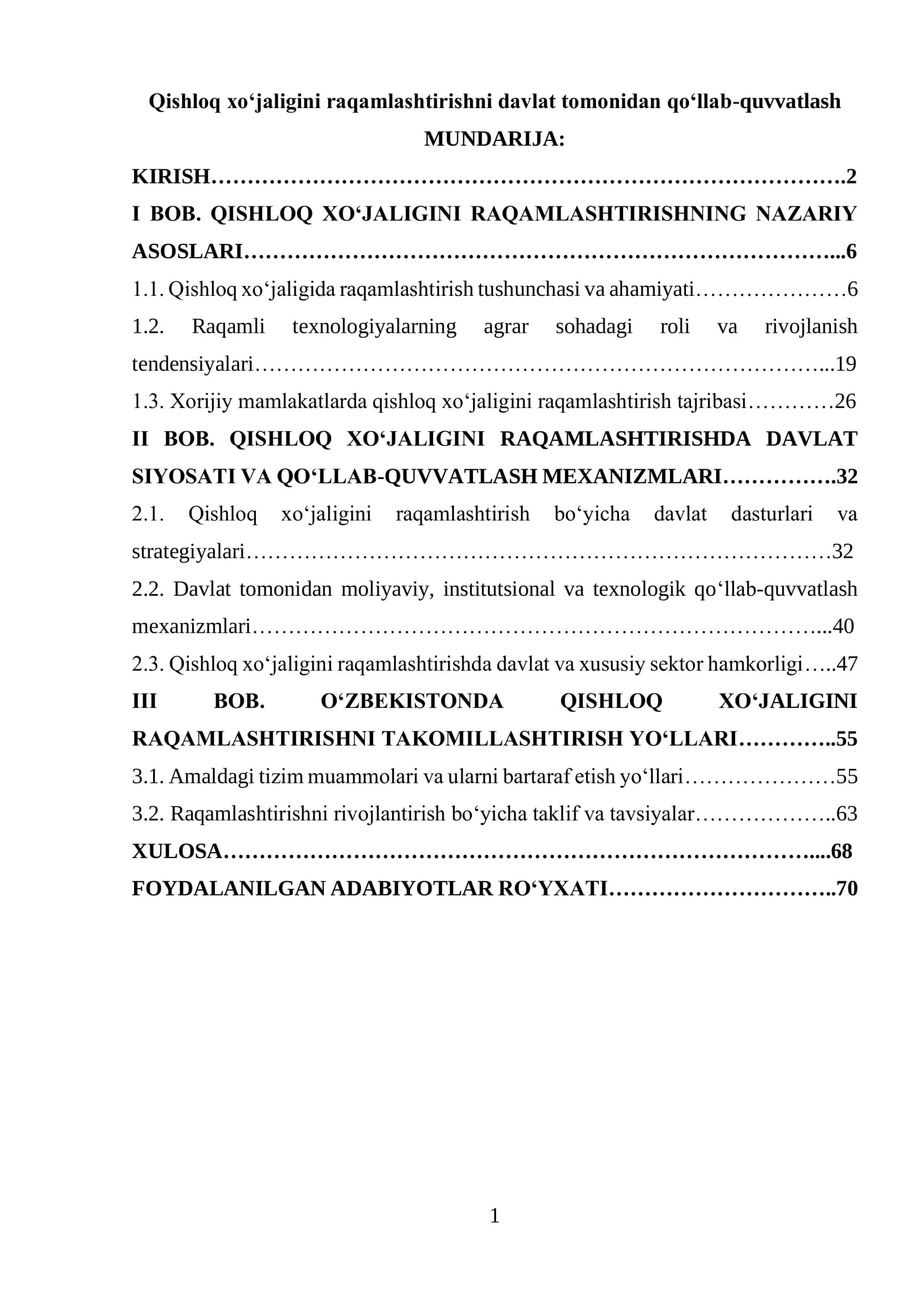Qishloq xo‘jaligini raqamlashtirishni davlat tomonidan qo‘llab-quvvatlash