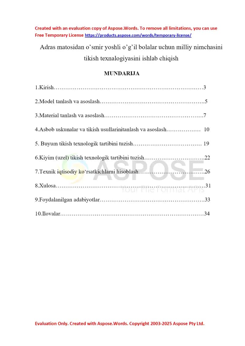 Adras matosidan o’smir yoshli o’g’il bolalar uchun milliy nimchasini tikish texnalogiyasini ishlab chiqish