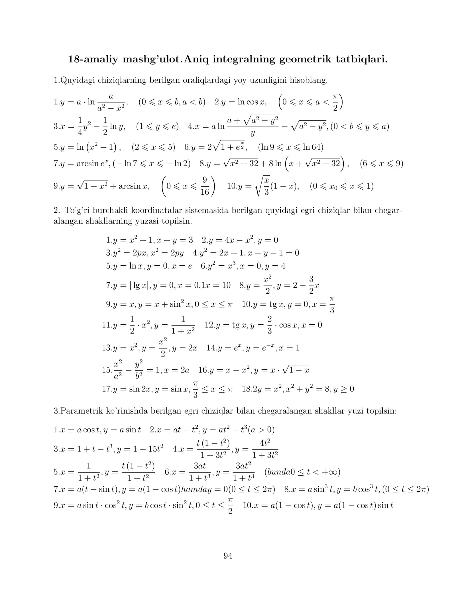 18-amaliy mashg’ulot.Aniq integralning geometrik tatbiqlari