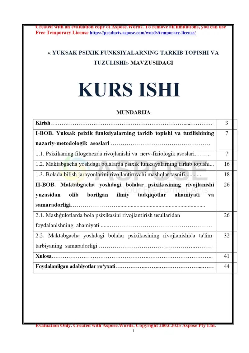 YUKSAK PSIXIK FUNKSIYALARNING TARKIB TOPISHI VA TUZULISHI
