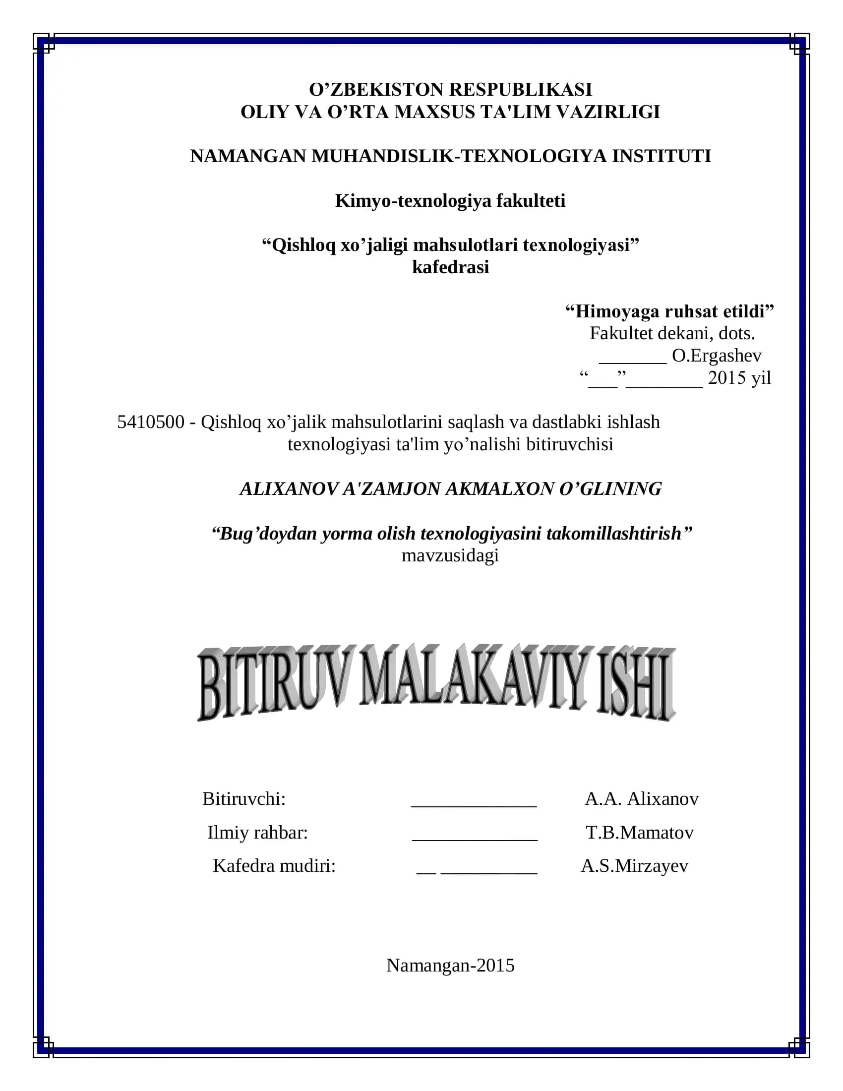 Bug’doydan yorma olish texnologiyasini takomillashtirish
