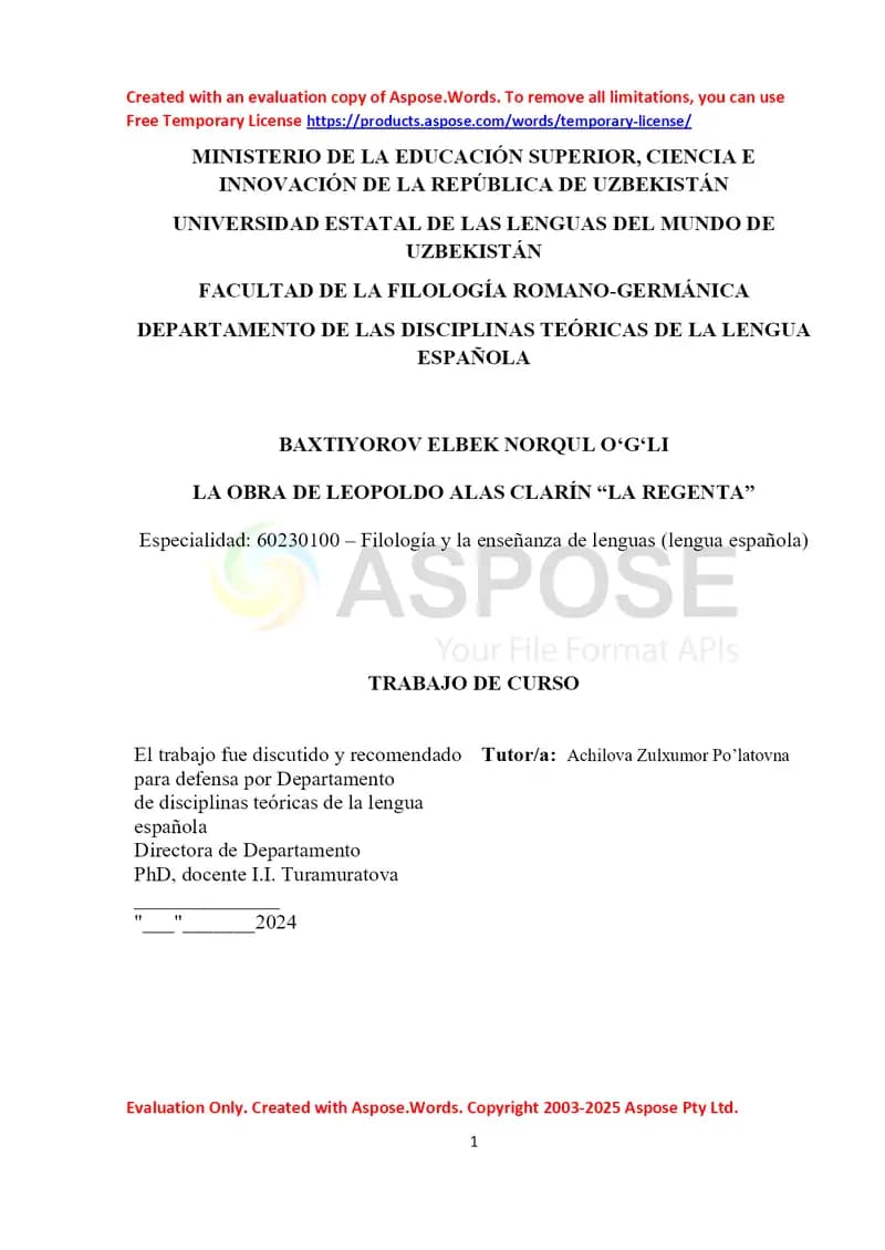 Kurs ishi: “La obra de Leopoldo Alas Clarín – La Regenta”