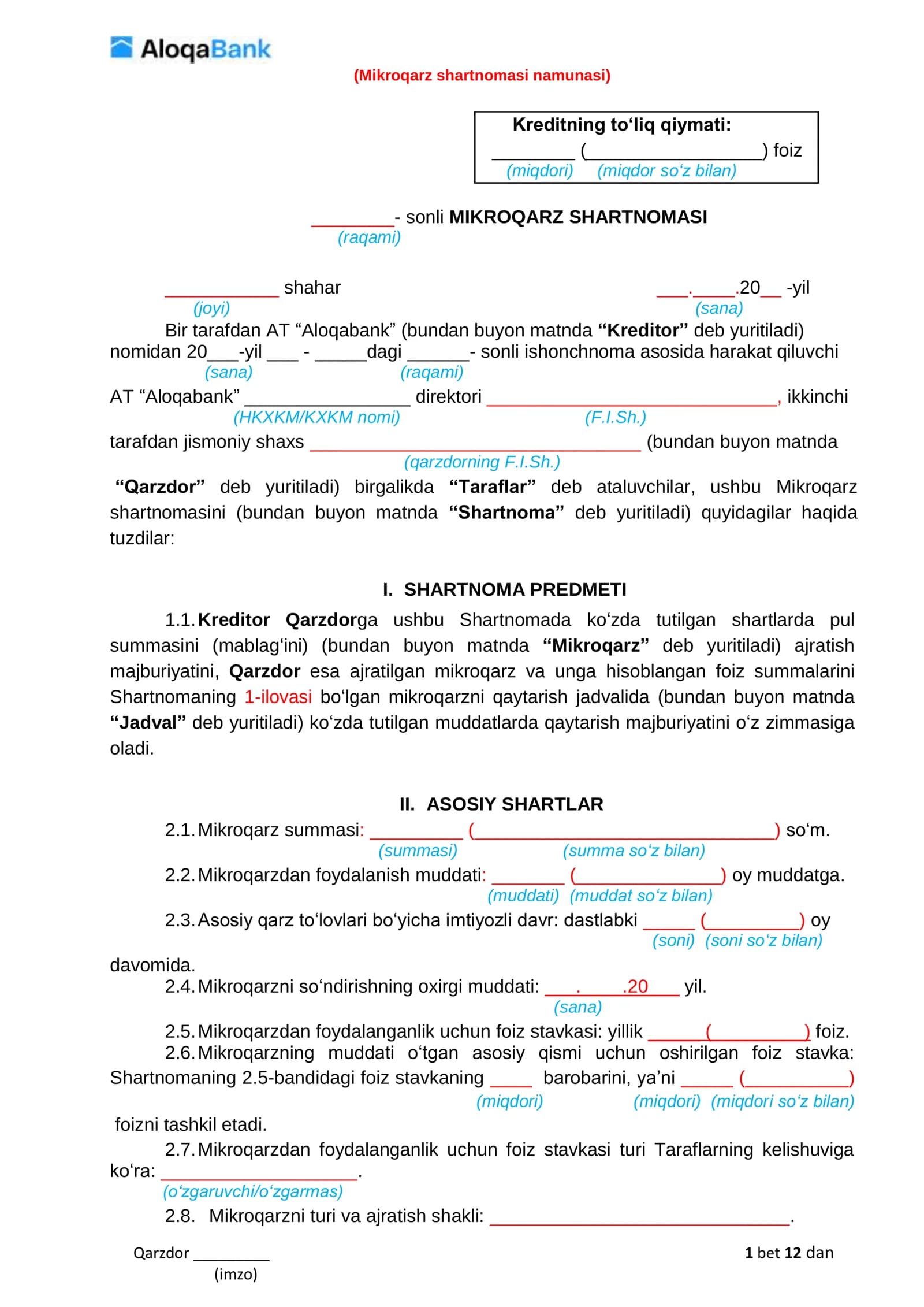 Mikroqarz shartnomasi