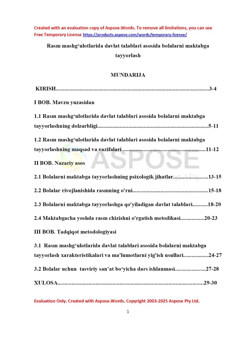 Rasm mashgʻulotlarida davlat talablari asosida bolalarni maktabga tayyorlash