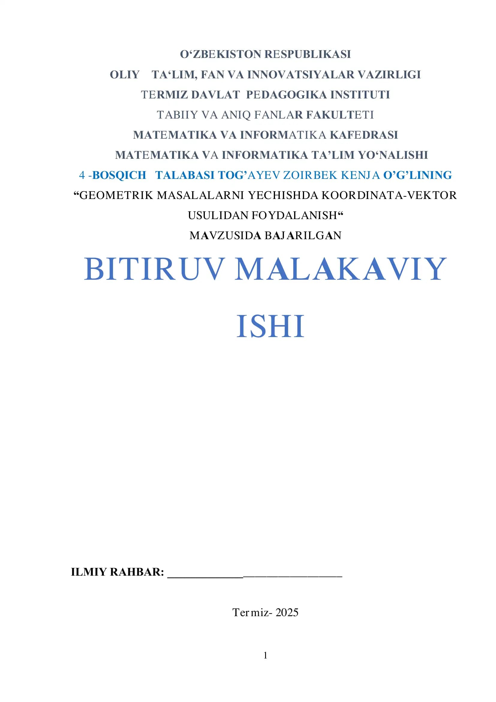 GEOMETRIK MASALALARNI YECHISHDA KOORDINATA-VEKTOR  USULIDAN FOYDALANISH