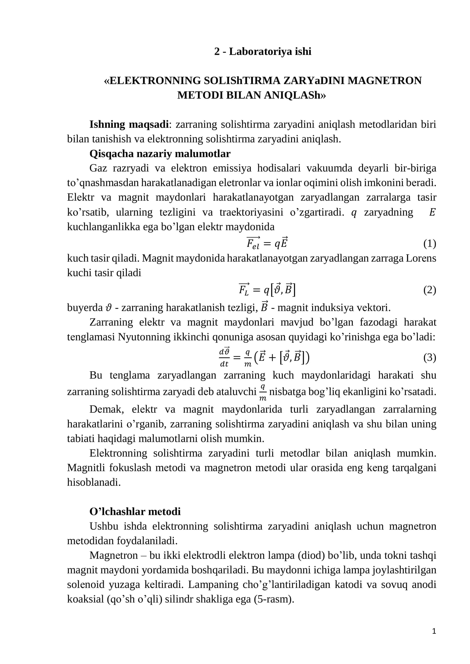 ELЕKTRONNING SOLIShTIRMA ZARYaDINI MAGNЕTRON MЕTODI BILAN ANIQLASh