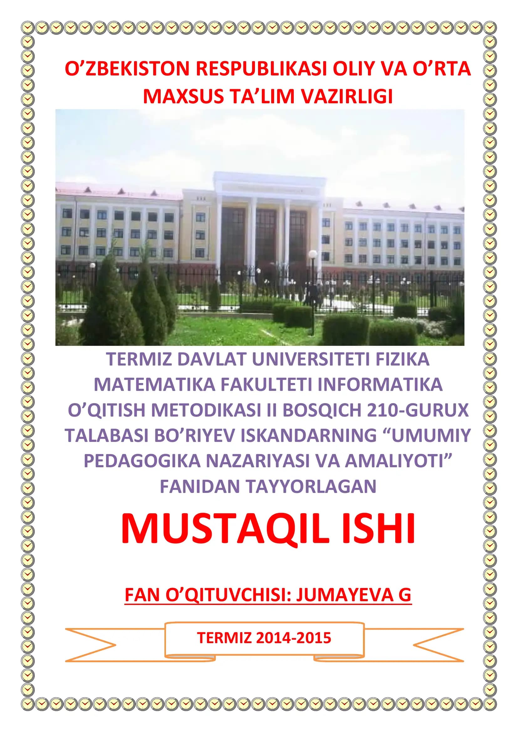 UMUMIY PEDAGOGIKA NAZARIYASI VA AMALIYOTI