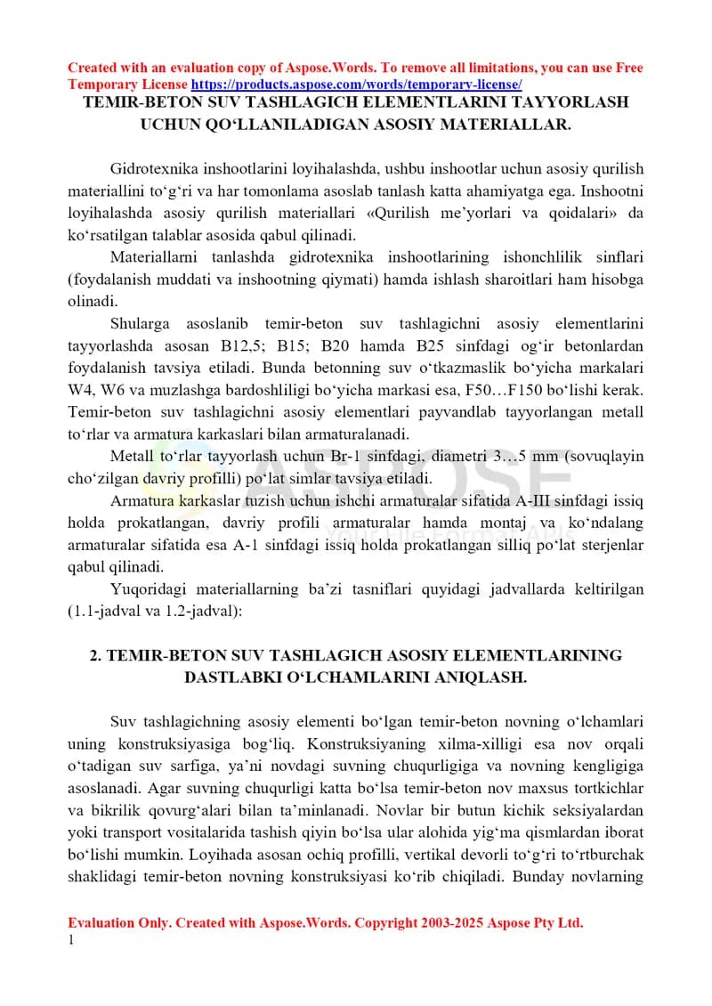 Temir-beton suv tashlagich elementlarini tayyorlash uchun asosiy materiallar