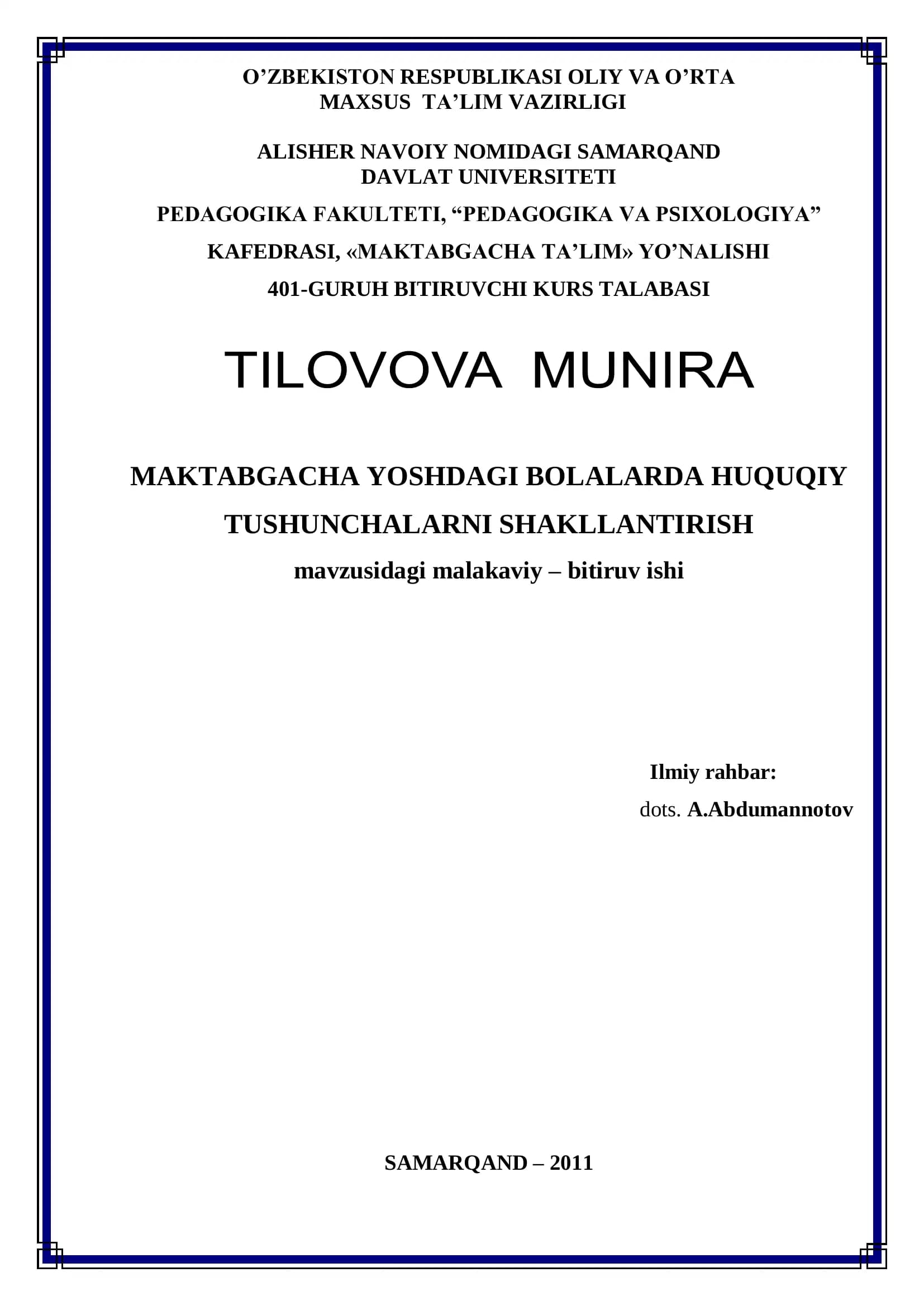 MAVZUSIDAGI MALAKAVIY – BITIRUV ISHI