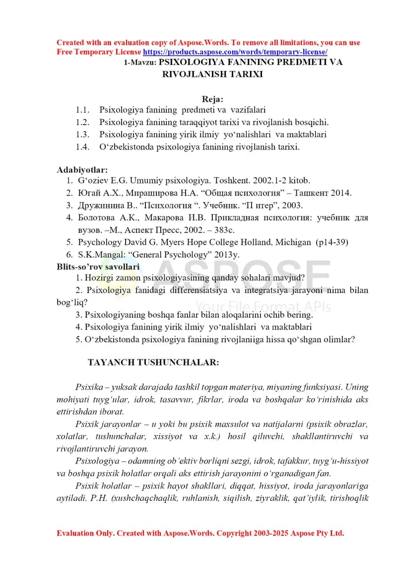 Psixologiya fanining predmeti va rivojlanish tarixi