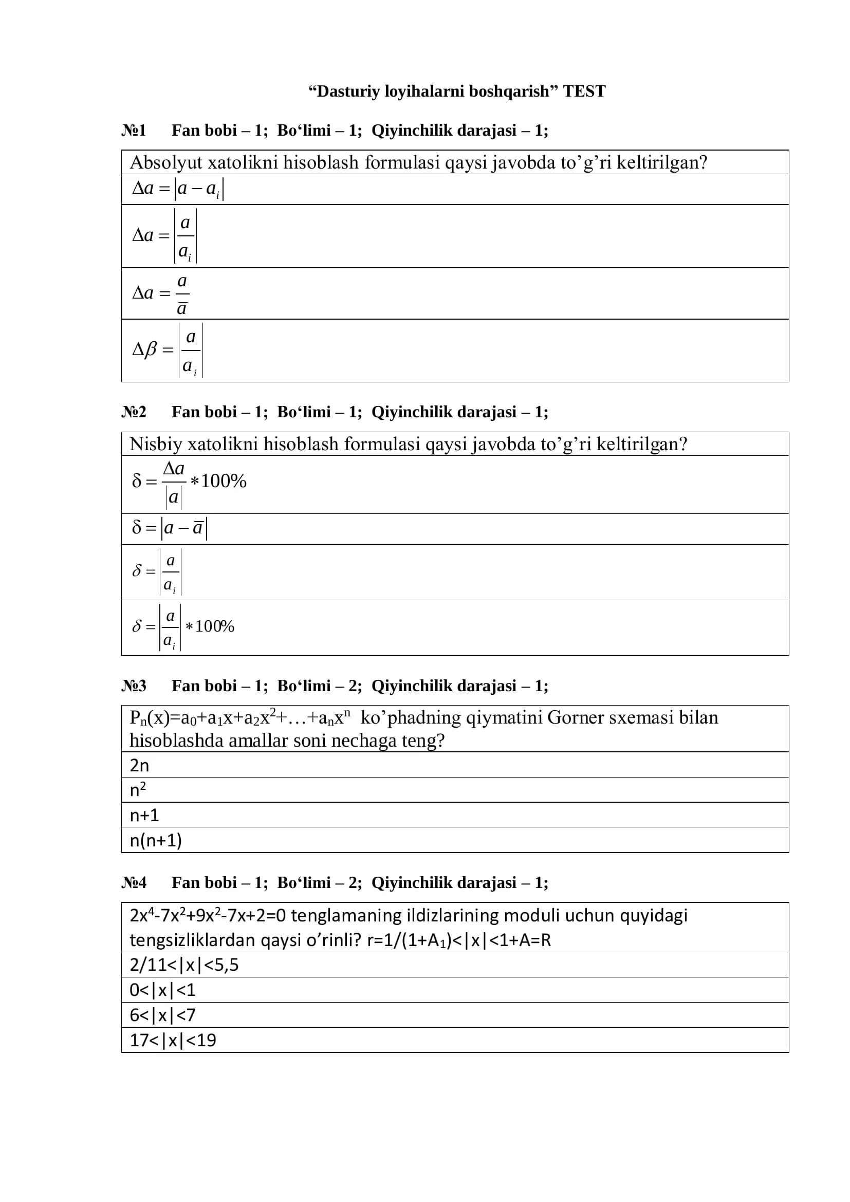 “Dasturiy loyihalarni boshqarish” TEST