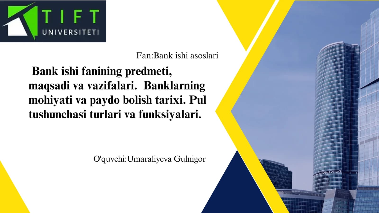 Bank ishi fanining predmeti