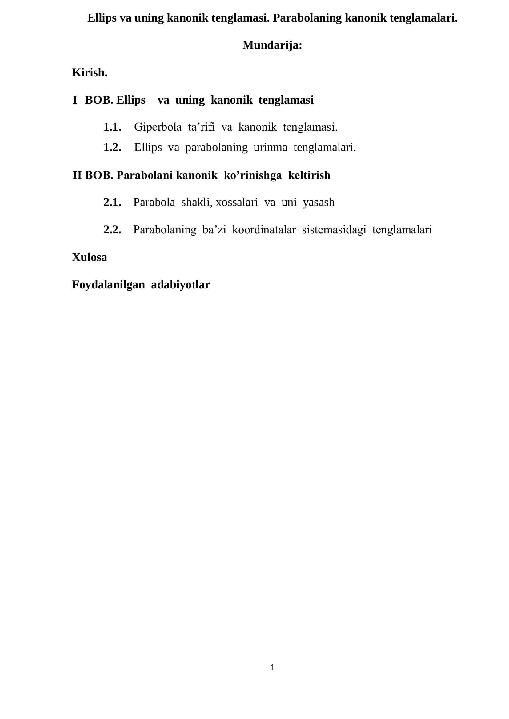Parabolaning kanonik tenglamalari