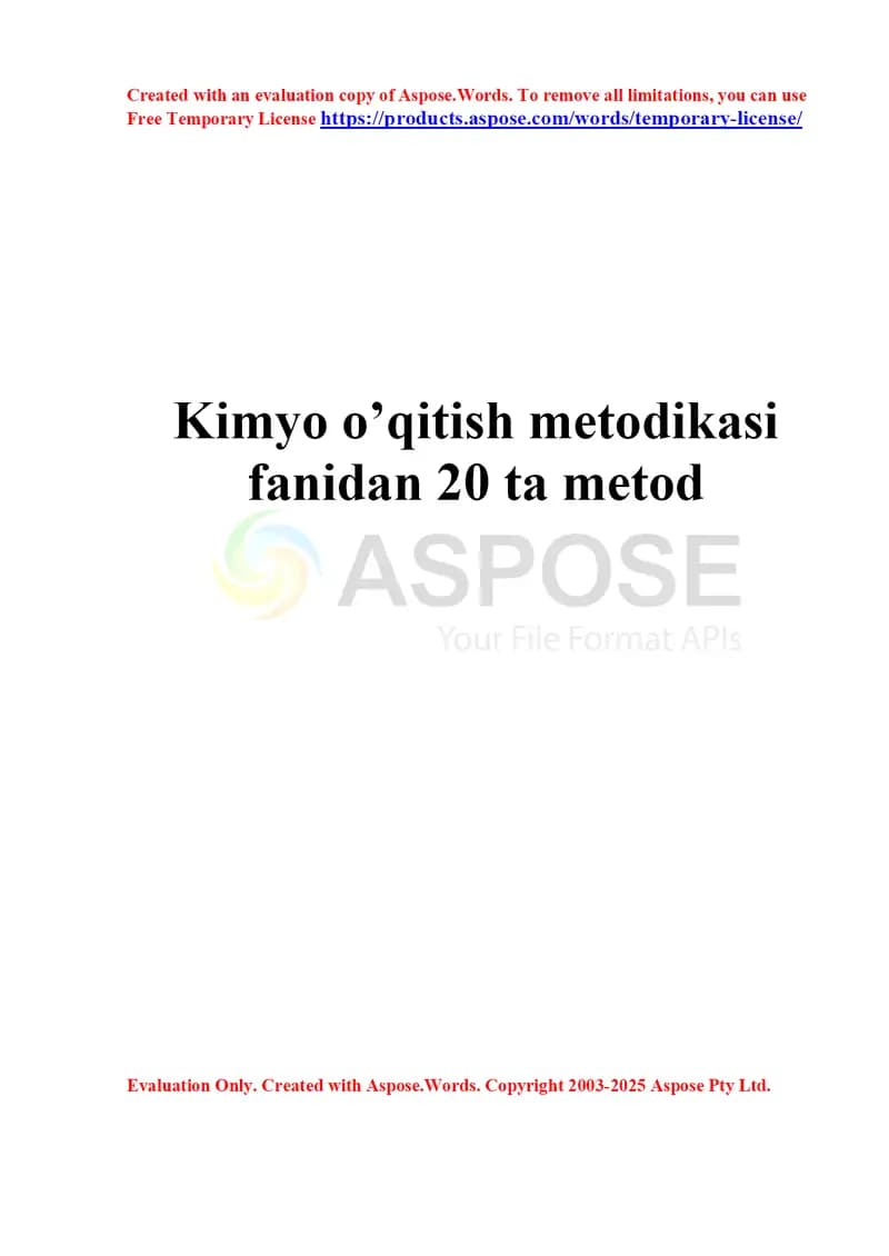 Kimyo o‘qitish metodikasi fanidan 20 ta metod