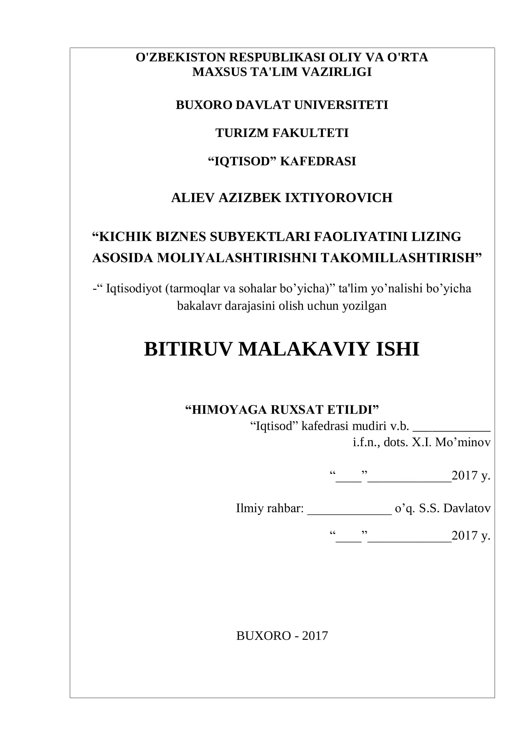 Kichik biznes subyektlari faoliyatini lizing asosida moliyalashtirishning nazariy va huquqiy asoslari