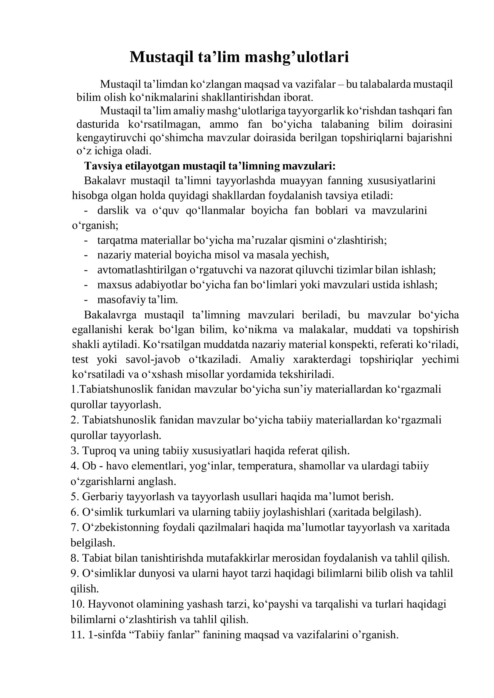 Mustaqil ta’lim mashg’ulotlari