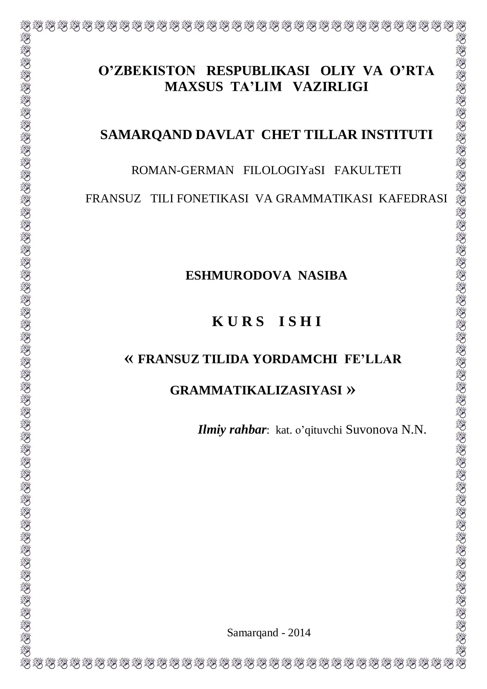 FRANSUZ TILIDA YORDAMCHI FE’LLAR GRAMMATIKALIZASIYASI
