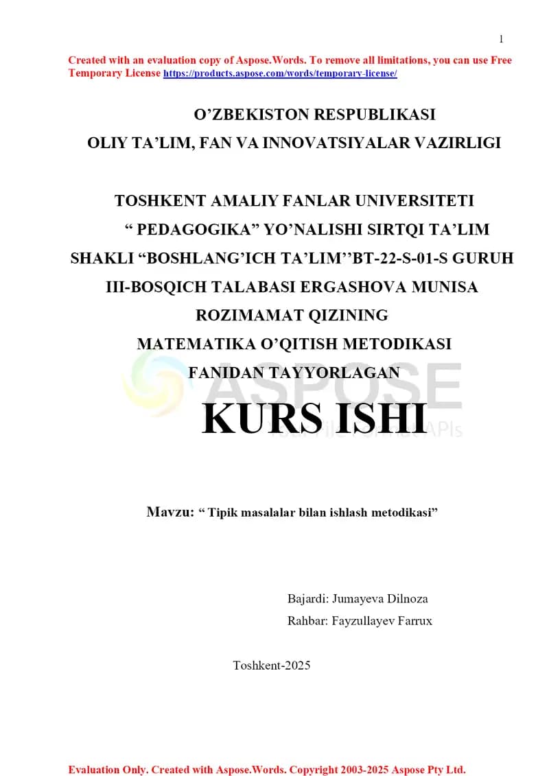 Matematika O'qitish Metodikasi “ Tipik masalalar bilan ishlash metodikasi.docx