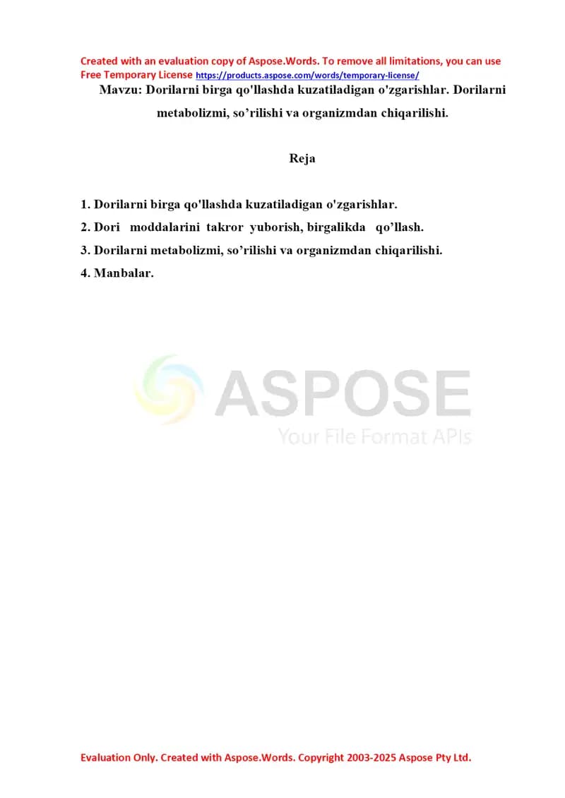 Dorilarni birga qo'llashda kuzatiladigan o'zgarishlar. Dorilarni metabolizmi, so’rilishi va organizmdan chiqarilishi. Referat 7 bet.