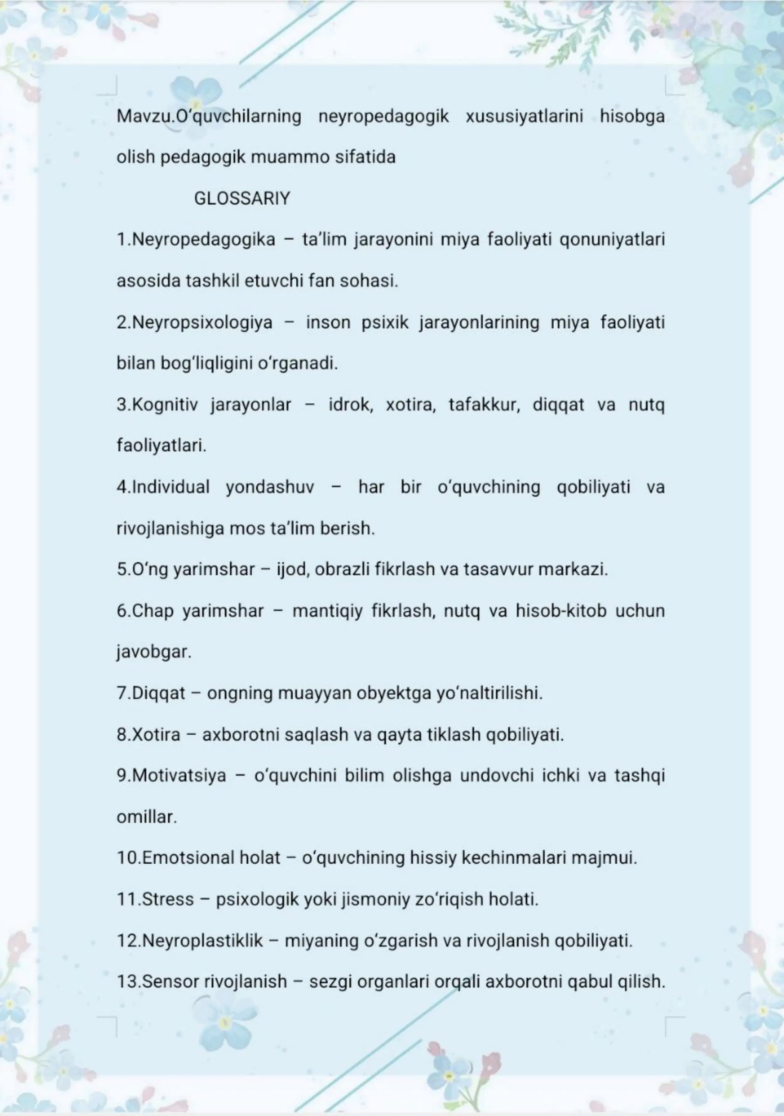 O'quvchilarning neyropedagogik xususiyatlarini hisobga olish pedagogik muammo sifatida