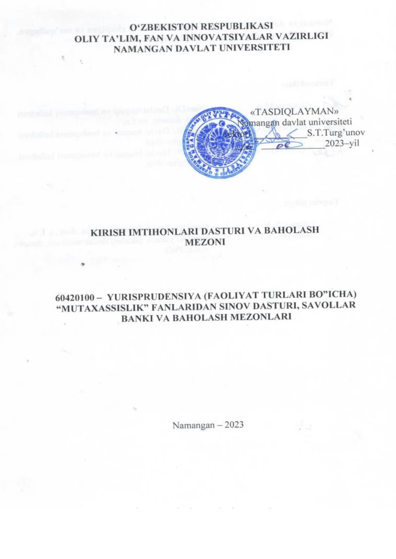Huquqshunoslik fanlari bo'yicha tuzilgan ushbu dastur