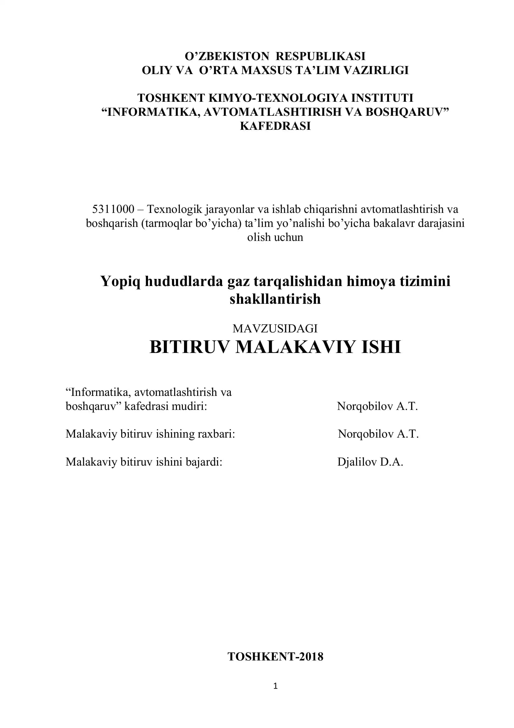 Yopiq hududlarda gaz tarqalishidan himoya tizimini shakllantirish