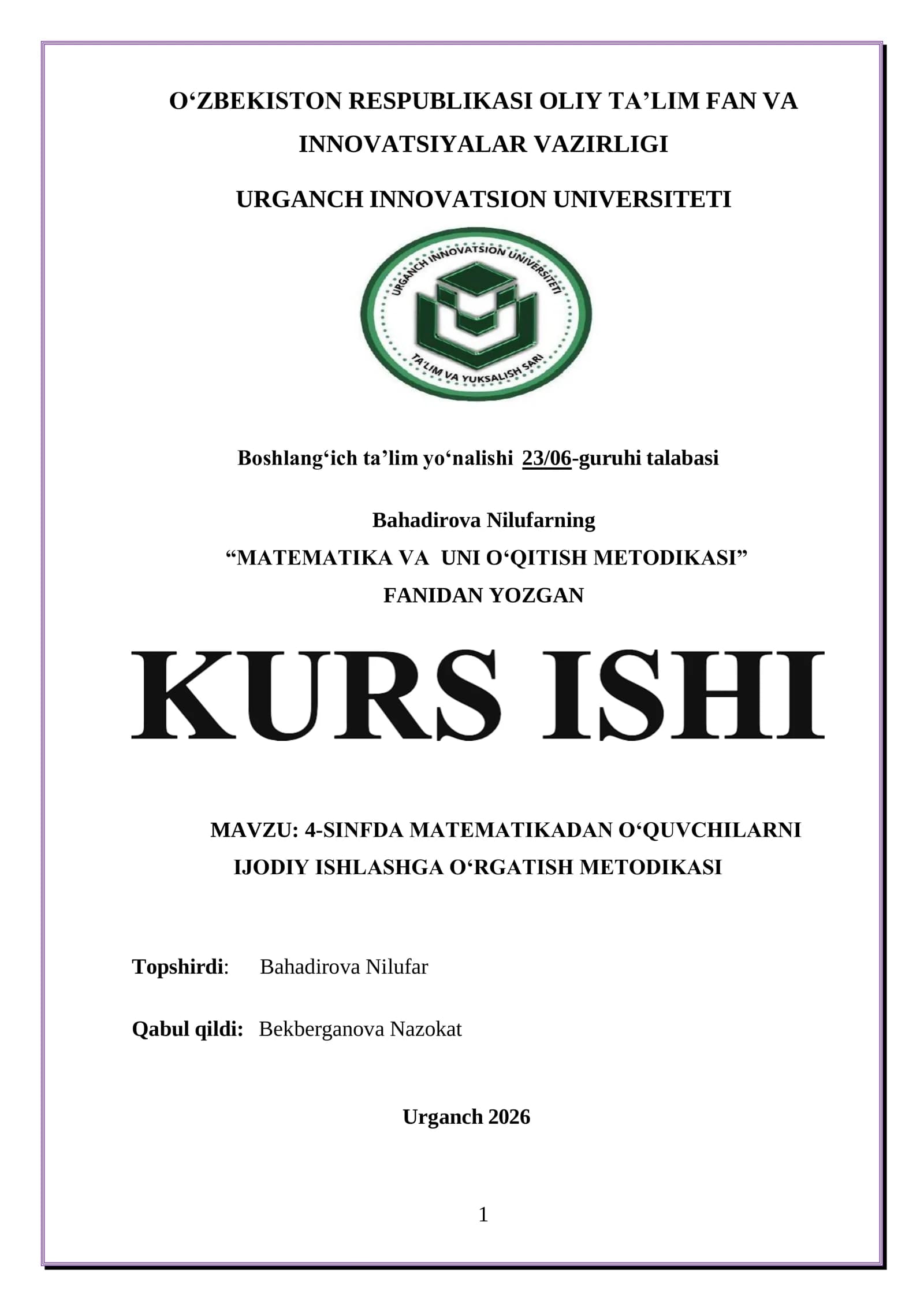 4-SINFDA MATEMATIKADAN OʻQUVCHILARNI IJODIY ISHLASHGA OʻRGATISH METODIKASI