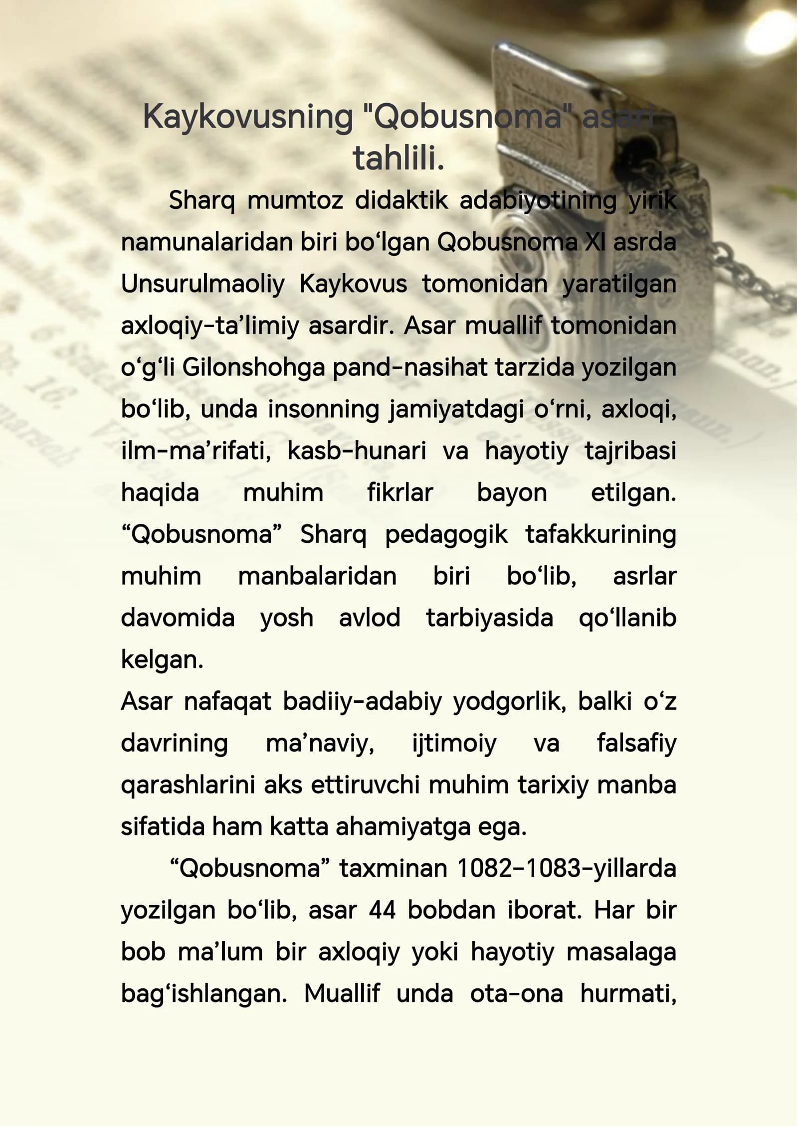 Kaykovusning "Qobusnoma" asari tahlili