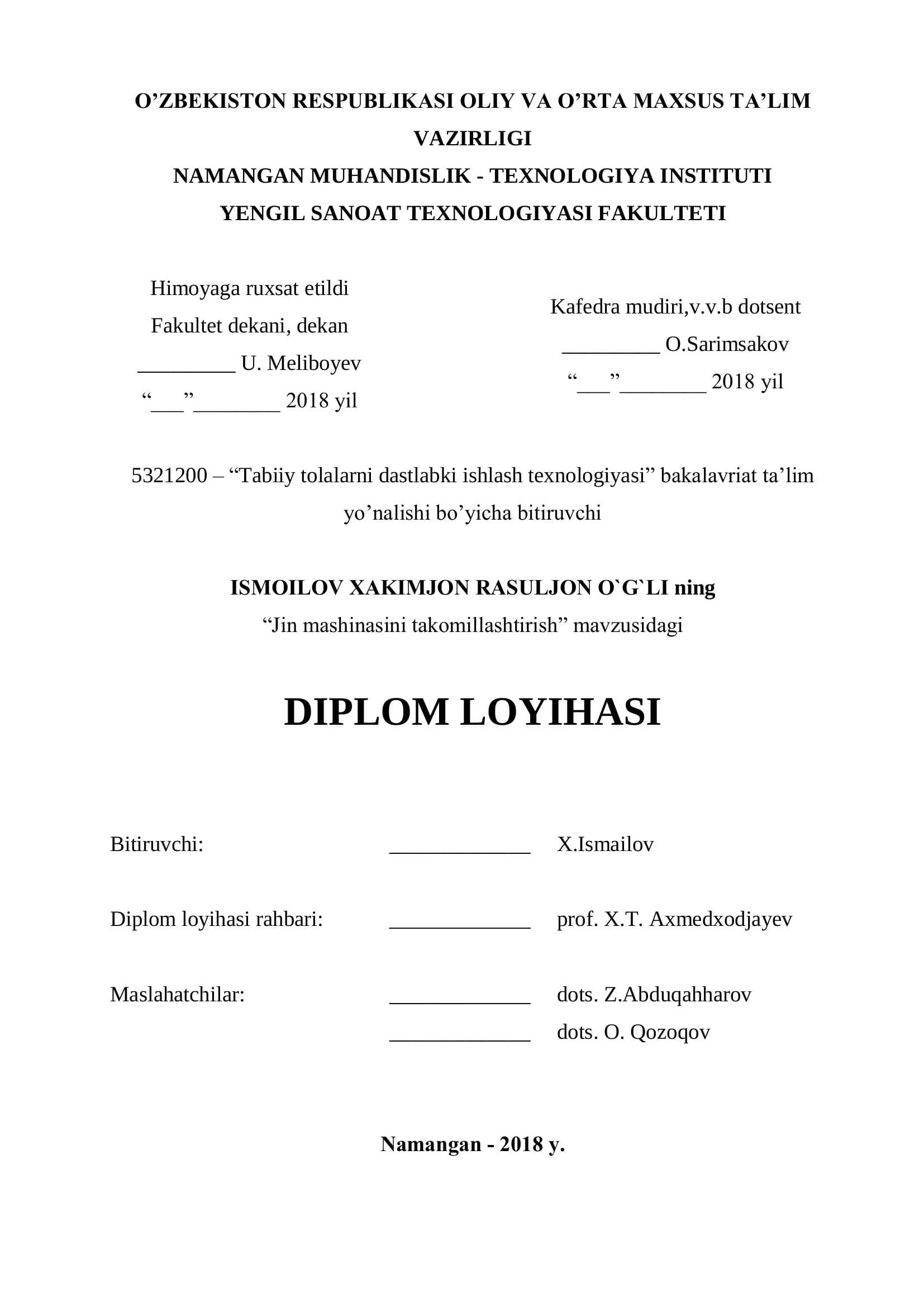 Tabiiy tolalarni dastlabki ishlash texnologiyasi