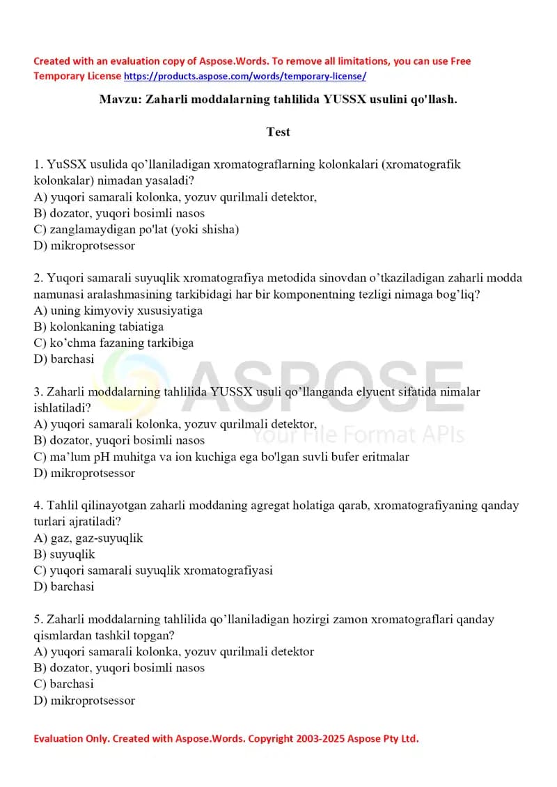 5. Zaharli moddalarning tahlilida YUSSX usulini qo'llash. Test 15 ta
