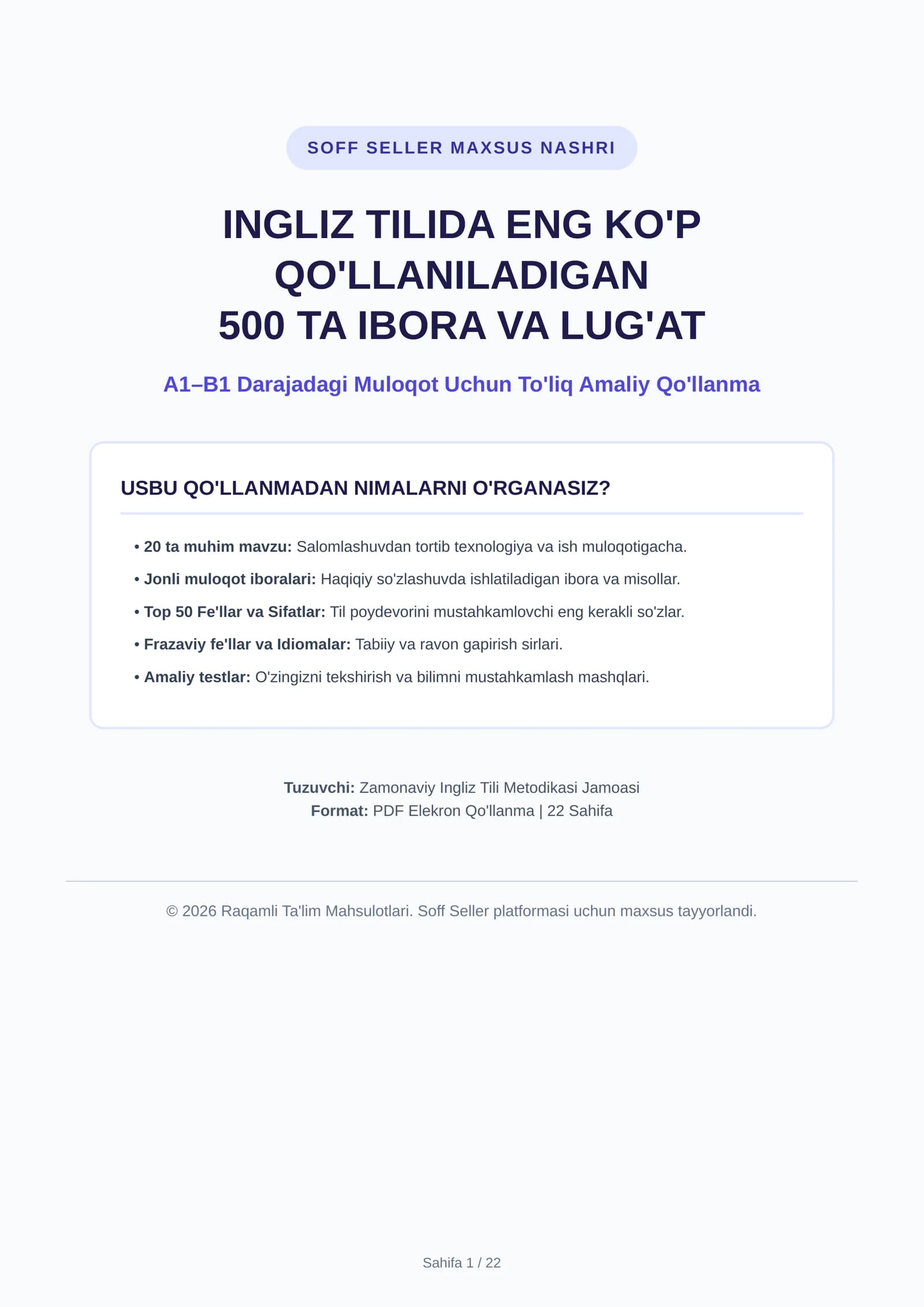INGLIZ TILIDA ENG KO'P QO'LLANILADIGAN 500 TA IBORA VA LUG'AT