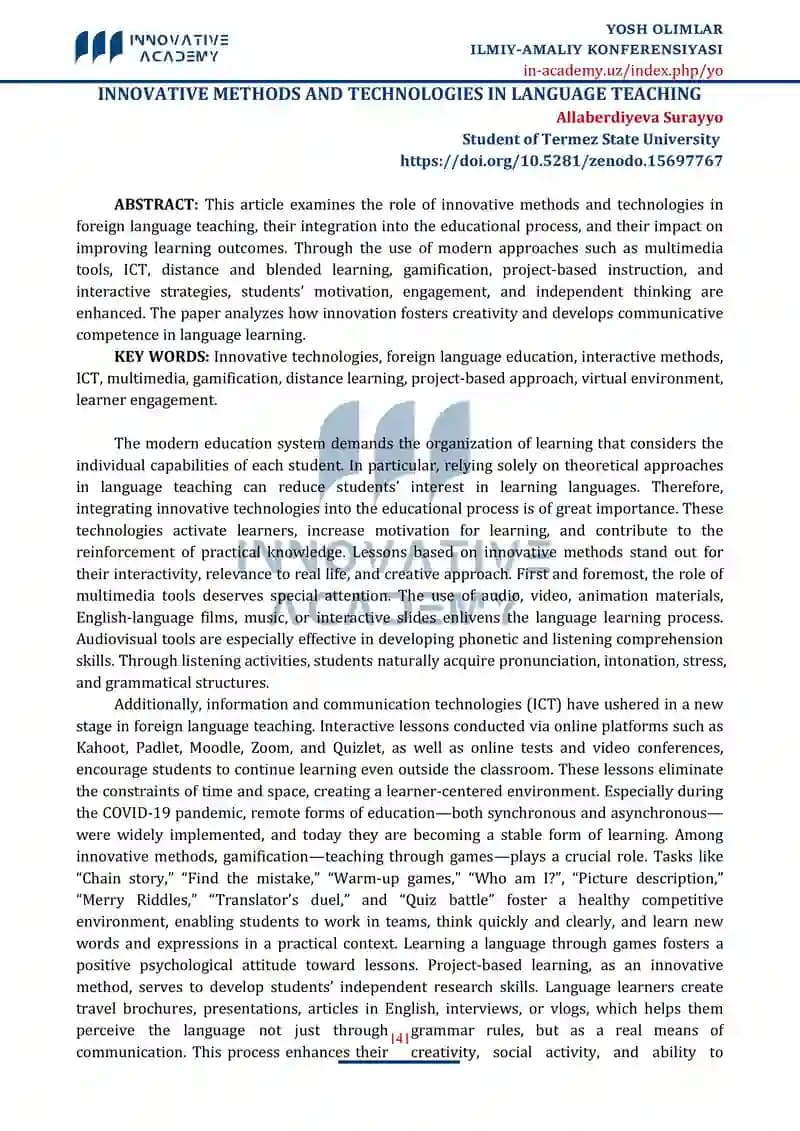 INNOVATIVE METHODS AND TECHNOLOGIES IN LANGUAGE TEACHING