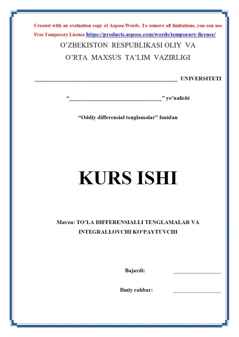 To’la differensialli tenglamalar va integrallovchi ko’paytuvchi