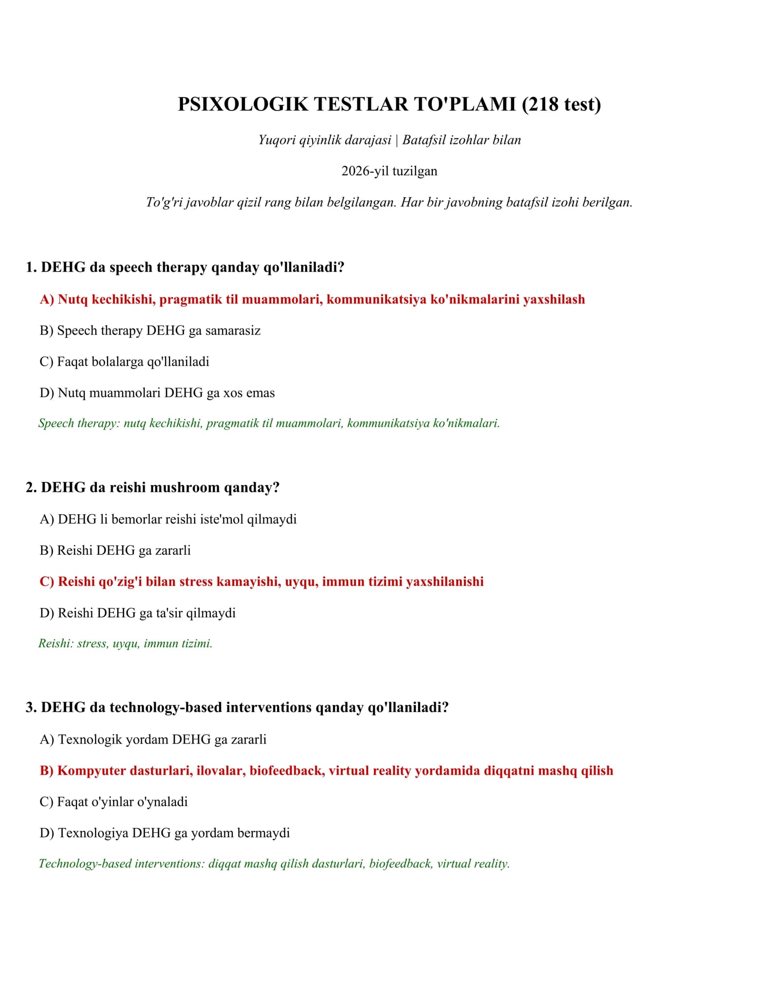 PSIXOLOGIK TESTLAR TO'PLAMI (218 test)