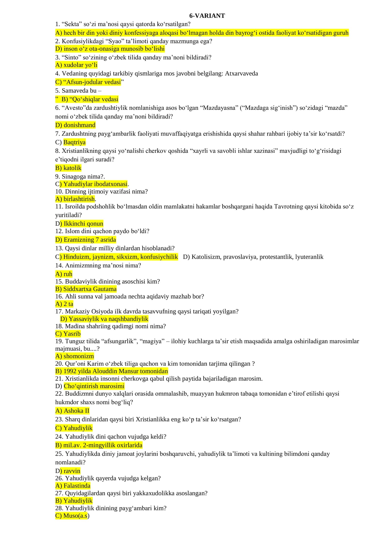 dinshunoslik fanidan testlar to'plami