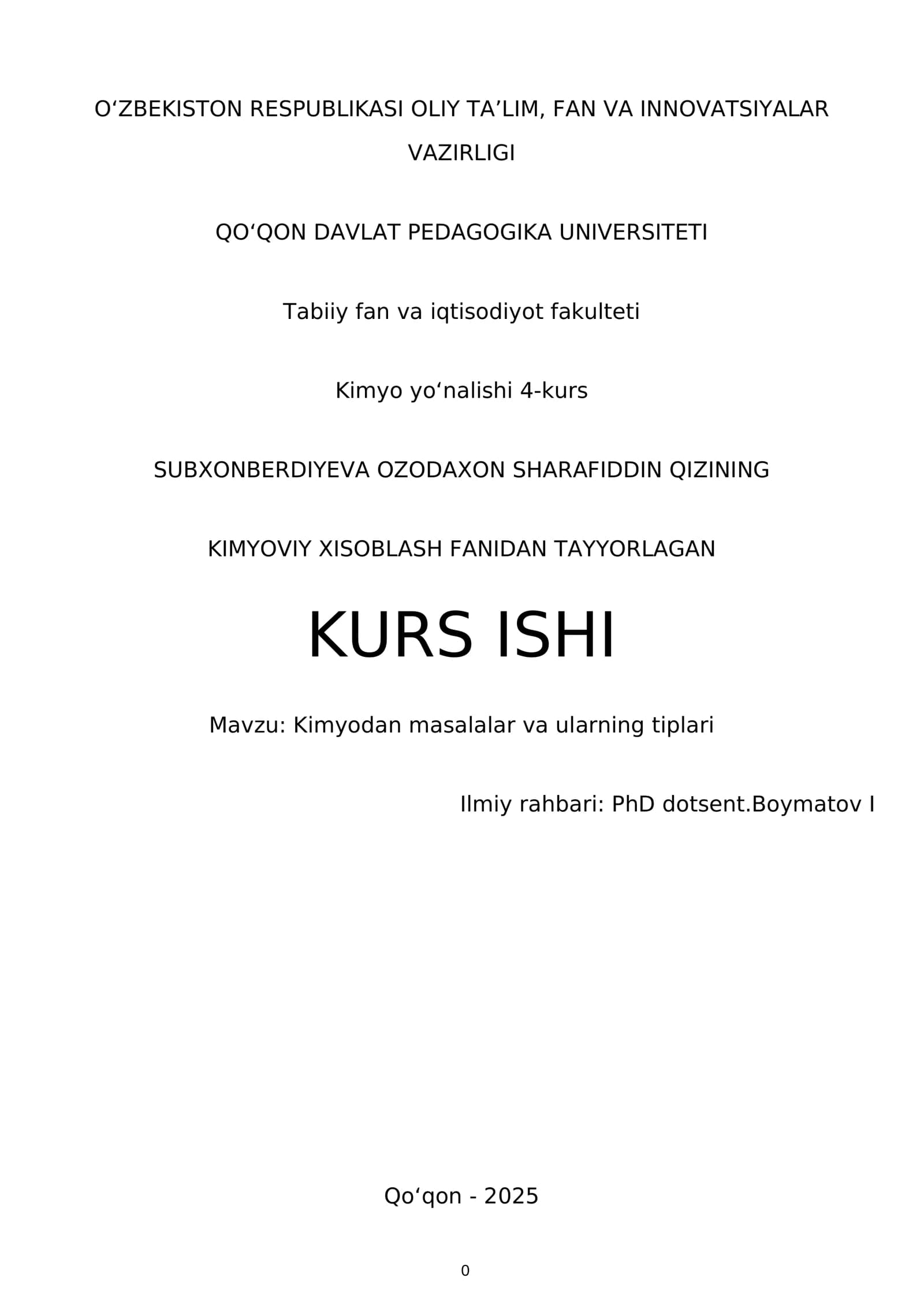 KIMYOVIY XISOBLASH FANIDAN TAYYORLAGAN KURS ISHI