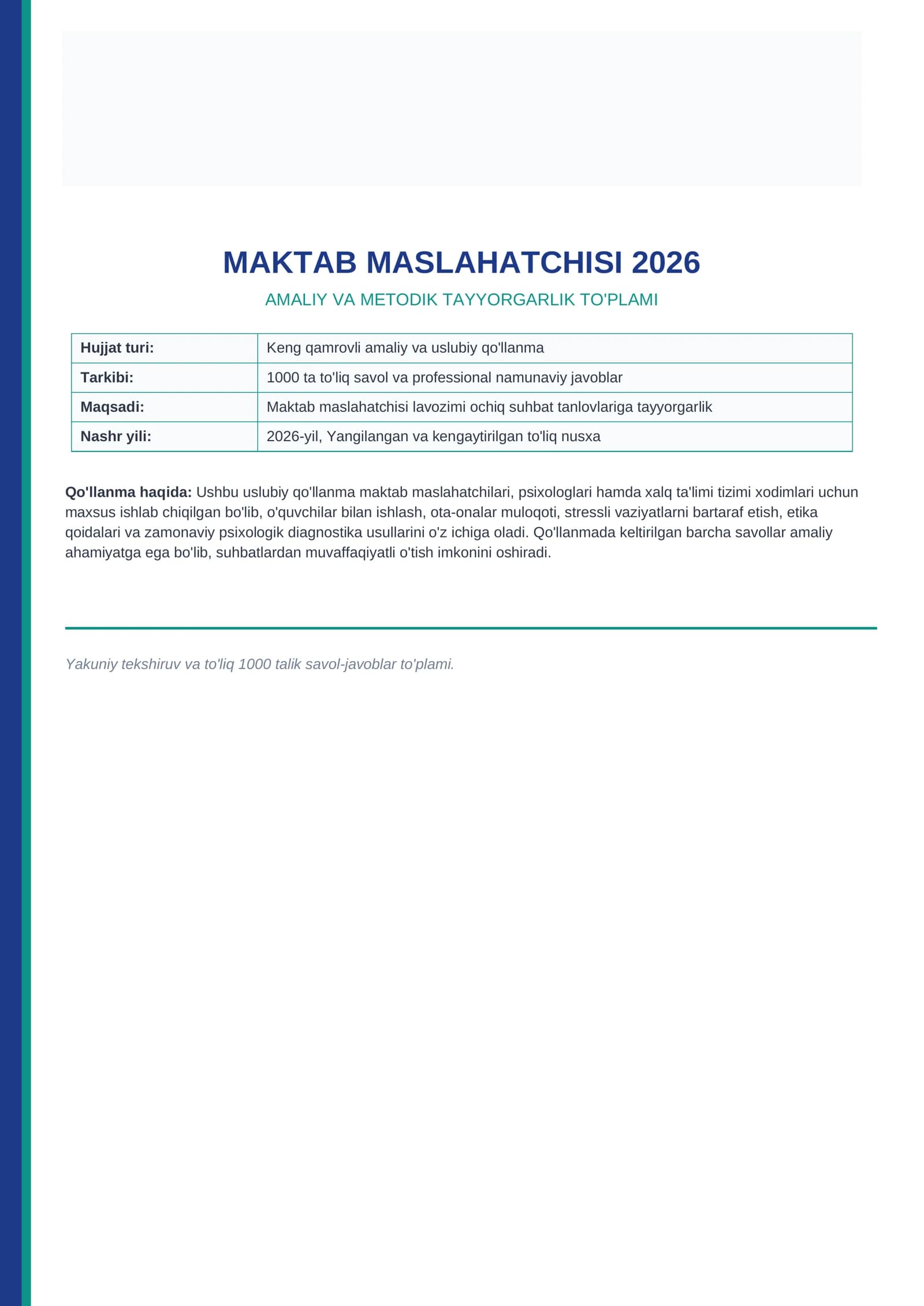 Maktab maslahatchisi 2026 — 1000 ta test, suhbat va vaziyatli savollar