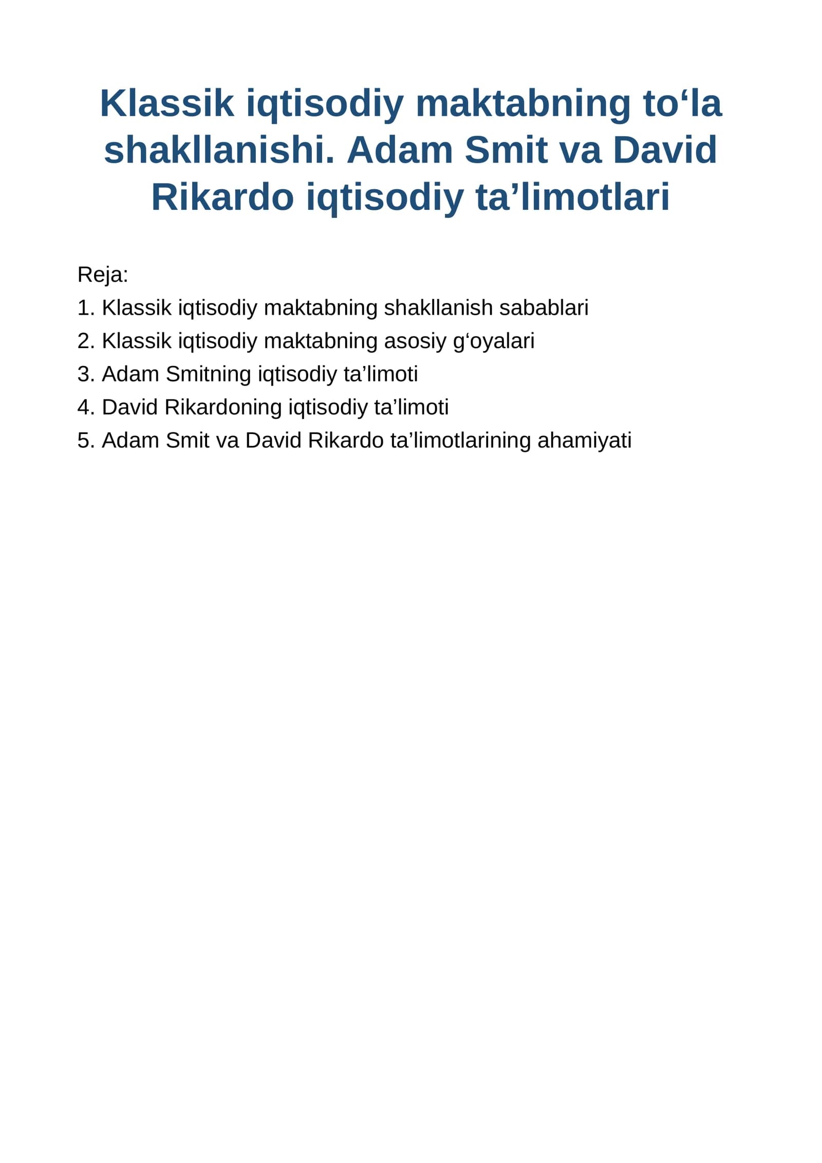 Adam Smit va David Rikardo iqtisodiy ta’limotlari
