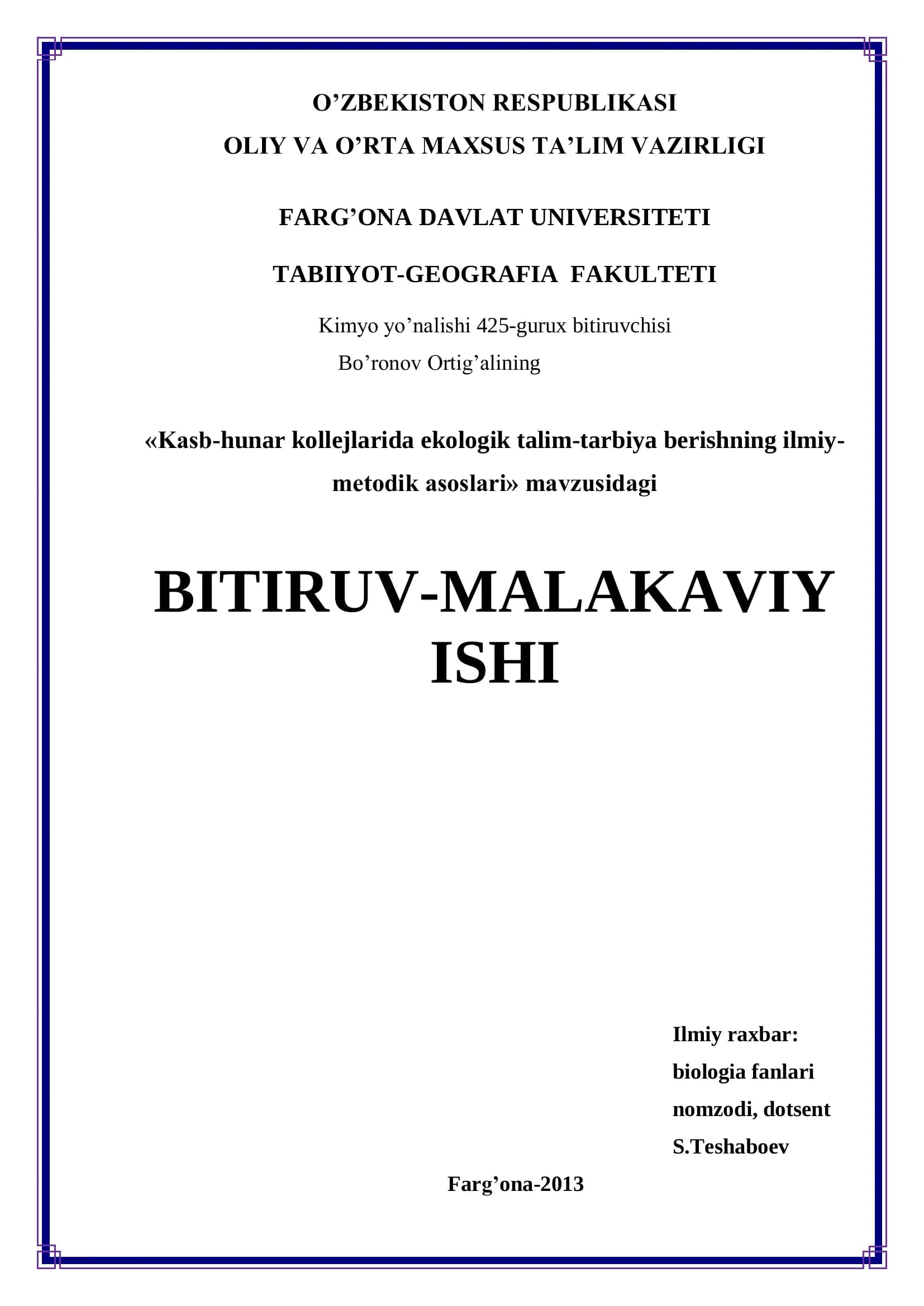 Kasb-hunar kollejlarida ekologik talim-tarbiya berishning ilmiy-metodik asoslari