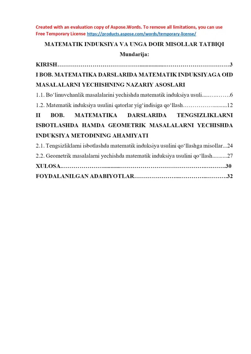 Matematik Induksiya va unga doir misollar tatbiqi