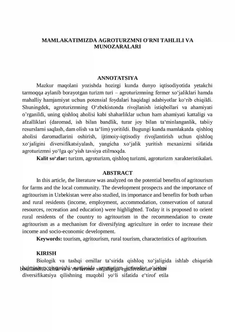 AGROTURZMNI O'RNI TAHLILI VA MUNOZARALARI