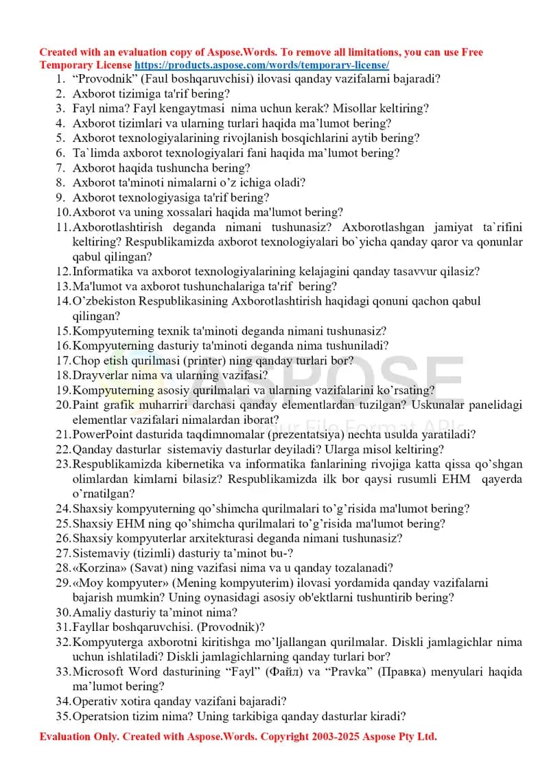 Axborot texnologiyalari fanidan mustaqil ish savollari to‘plami